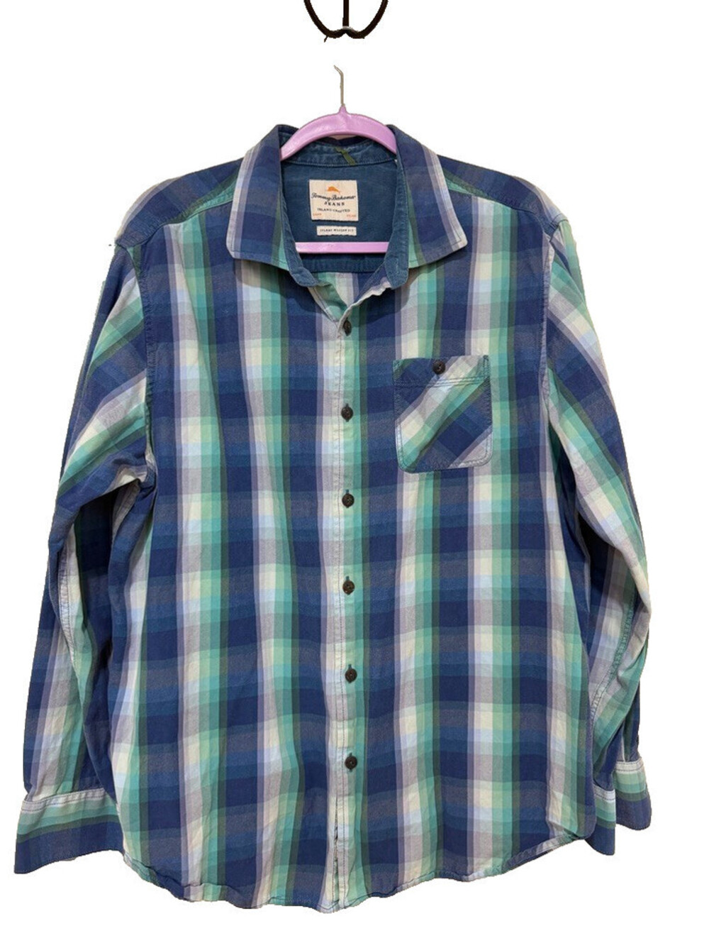 Tommy Bahama Jeans Mens XL Blue Green Plaid Cotton Button Down Shirt Modern Fit